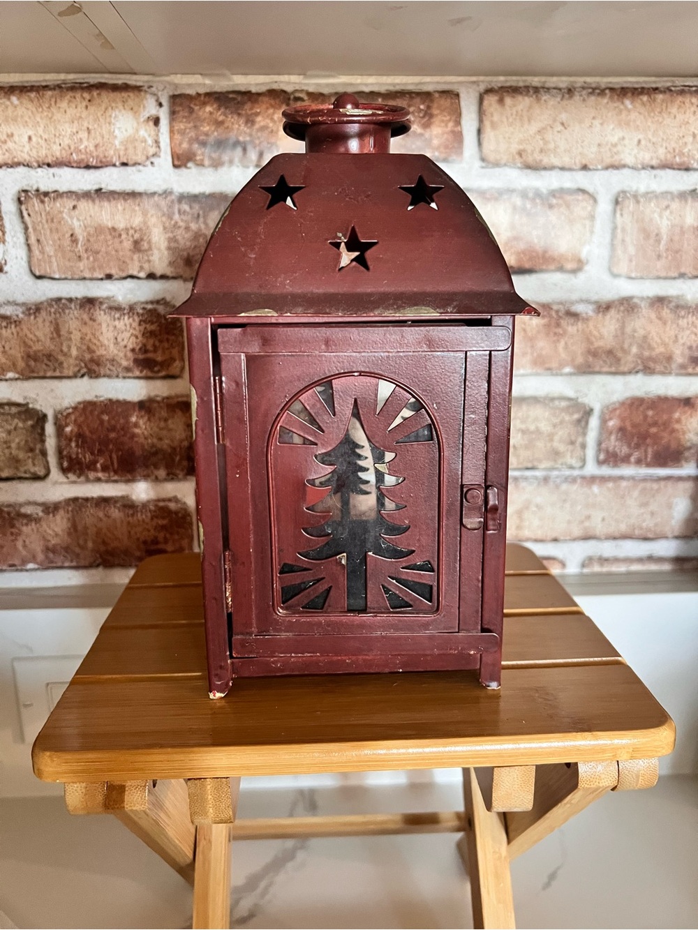 Rustic Red Metal Lantern with Tree Cutout - Home Accents